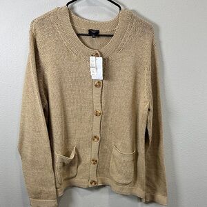 Talbots Women's Tan 100% Cotton‎ Chunky Knit Button-Front Cardigan with Pockets